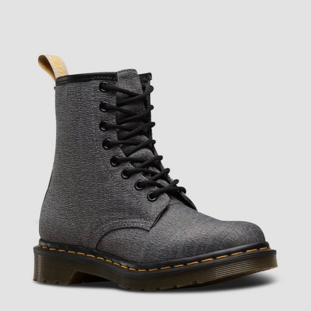 Dr. Martens Gray Lace-Up Combat Boots with Yellow Stitching